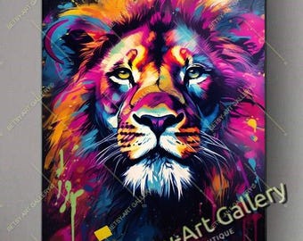 Colorful Lion Portrait Canvas Print – Wildlife Animals Wall Art