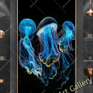 Blue Neon Jellyfish Canvas Art: Vibrant Ocean Life Wall Decor