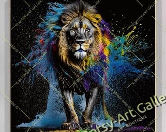 Majestic Colorful Lion Wall Art – Abstract Wildlife Animals - Safari Print on Canvas