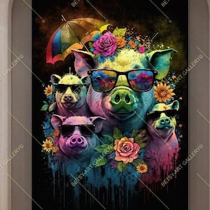 Vivid Pig Family with Hats and Sunglasses – Quirky Canvas Wall Art Print