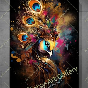Golden Peacock – Stretched Canvas Print, Vibrant Abstract Bird Wall Art for Modern Home or Office Decor