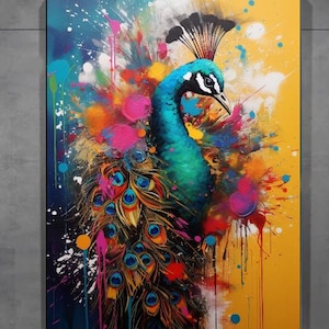 Colorful Peacock – Stretched Canvas Print, Vibrant Abstract Bird Wall Art for Modern Home or Office Decor