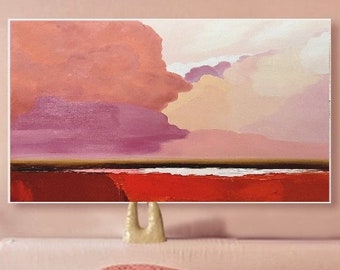Oil Painting on Canvas, Red Clouds Abstract Seascape, Extra Large Impasto Wall Artwork