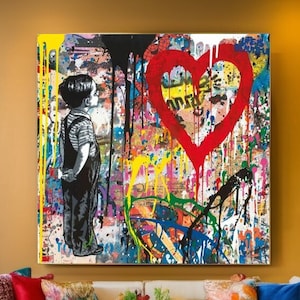 Banksy Wall Art – Boy Drawing Heart Graffiti, Stretched Canvas Pop Art Print