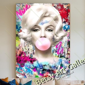 Modern Graffiti Marilyn Monroe Portrait, Blowing Bubble Gum Print on Canvas - Hollywood icon, Contemporary Art, Celebrity Vibrant Home Decor