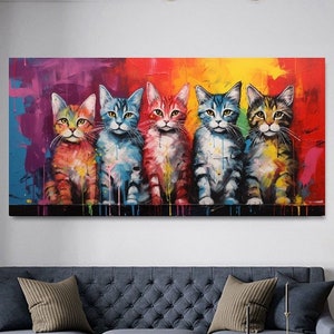 Charming Family of Kittens – Colorful Modern Printed Canvas Wall Art - Large Panoramic Print on Canvas for Living Room, Hotel