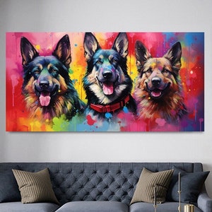 Three East European Shepherds – Modern Colorful Dog Canvas Wall Art - Large Panoramic Print on Canvas for Living Room, Hotel