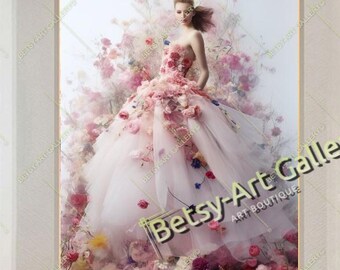 Fashion Floral Woman Art Blooming Dress - Elegant Wall Decor for Hotel or Office - Large Stretched Canvas Print