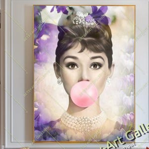 Purple Floral Portrait of Audrey Hepburn, Marilyn Monroe, Brigitte Blowing Bubble Gum Canvas Print – Pop Art Graffiti Wall Decor