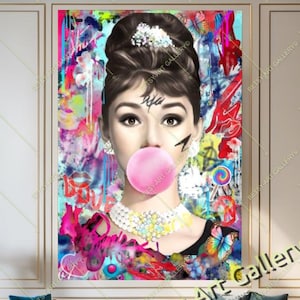 Vibrant Graffiti Audrey Hepburn, Marilyn Monroe, Brigitte Bubble Gum Print on Canvas - Audrey Hepburn Hollywood icon, Celebrity Portrait