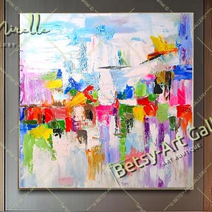 Skyline Reflections - Vivid Colorful Impasto Oil Painting on Canvas - Unique Abstract Modern Wall Art for Living Room, Office