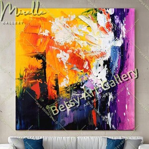 Vibrant Colorful Oil Painting on Canvas - Yellow Blue Abstract Impasto Painting - Large Textured Modern Wall Art for Living Room, Office