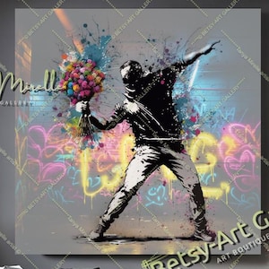 Toile Banksy : Homme au bouquet, graffiti street art