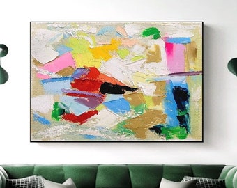 Large Horizontal Oil Painting on Canvas, Abstract Multicolored Textured Artwork, Large Modern Wall Art Decor