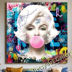 Vibrant Graffiti Marilyn Monroe Blowing Bubble Gum Print on Canvas - Hollywood icon, Contemporary Artwork, Celebrity Portrait Wall Art