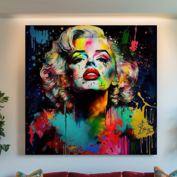 Impression sur toile colorée Marylin Monroe, art graffiti, art mural abstrait, toile imprimée moderne tendue/roulée