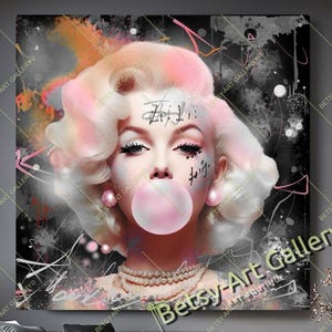 Monochrome Graffiti Pop Art – Pink Marilyn Monroe with Bubble Gum - Hollywood French icon Brigitte Printed Canvas - Modern Print Art Decor