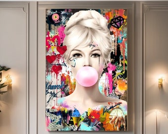 LARGE MODERN GRAFFITI Pop Art, Brigitte Bardot Marilyn Monroe Audrey Hepburn Blowing Bubble Gum, Stretched Printed Canvas Wall Art Decor