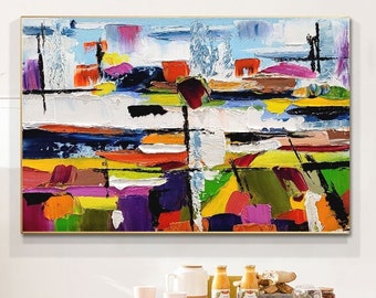 Peinture à l'huile texturée extra large sur toile, art mural moderne abstrait empâtement multicolore