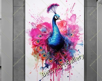 Pink Blue Peacock Canvas Print: Abstract Color Splash Animal Art