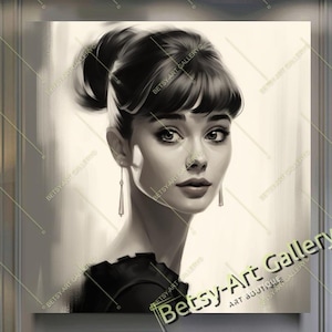Cute Vintage Monochrome Portrait of Audrey Hepburn - Celebrity Hollywood icon, Vintage Pop Art Modern Print on Canvas