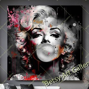 Pink Accent Graffiti Pop Art – Monochrome Marilyn Monroe with Bubble Gum - Hollywood French icon Brigitte Printed Canvas - Modern Print Art
