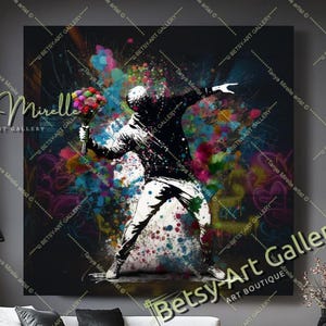 Toile Banksy : Homme au bouquet, graffiti street art