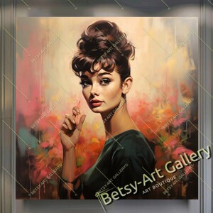 Vintage Pop Art Portrait of Audrey Hepburn - Celebrity Hollywood icon, Modern Print on Canvas