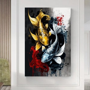 Gold and Silver Koi Fish Graffiti Art - Stretched Canvas Print