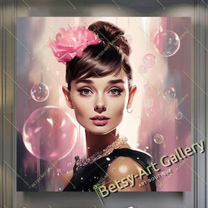 Lovely Portrait of Audrey Hepburn with Bubbles - Celebrity Hollywood icon, Vintage Pop Art Modern Print on Canvas