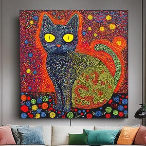 Cosmic Cat in Dots – Yayoi Kusama Inspired Canvas Art - Stretched Print on Canvas