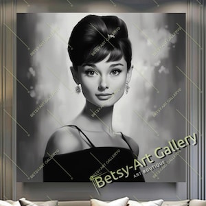 Vintage Monochrome Portrait of Audrey Hepburn - Celebrity Hollywood icon, Vintage Pop Art Modern Print on Canvas