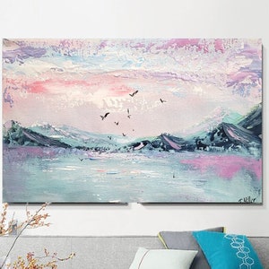 Oil Painting on Canvas, Abstract Gray Sea Mountain Landscape, Large Impasto Textured Wall Art