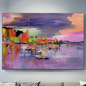Acrylic Painting on Canvas, Purple Pink Textured Seascape, Large Abstract Modern Wall Art