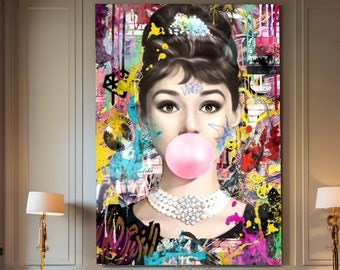 Stretched Printed Canvas, Audrey Hepburn Marilyn Monroe Blowing Bubble Gum, Street Art Graffiti Modern Wall Art Print for Home, Hotel, Gift