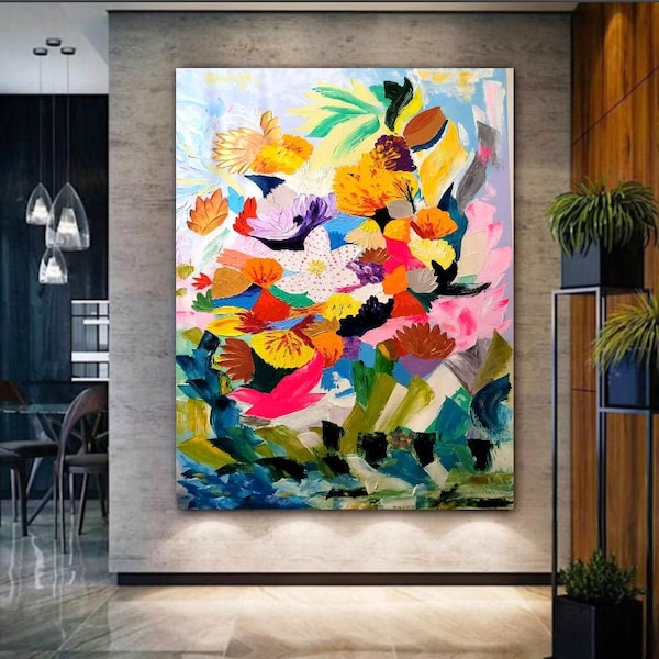 Art mural moderne Exra Grande peinture texturée sur toile avec couteau à palette, couleurs vibrantes, art mural optimiste abstrait pour le salon