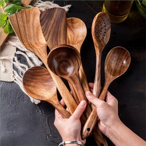 7pcs/set Teak Cooking Spoon Natural Wooden Kitchen Tableware Tool Ladle Soup Skimmer Scoop Utensils