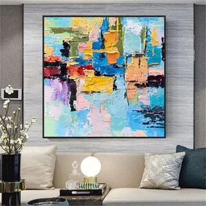 Oil Painting on Canvas, Colorful Abstract Shapes and Thick Textured Strokes, Impasto Modern Wall Art Decor