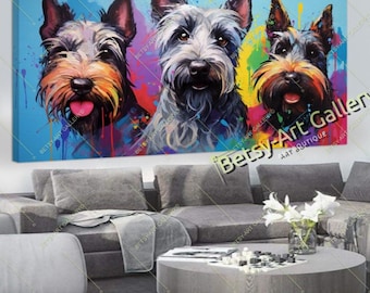 May include: A rectangular canvas wall art print featuring a vibrant, colorful painting of three terrier dogs against a bright blue background with paint splatters. The artwork displays the text Betsy-Art Gallery Art Boutique in the lower right corner.