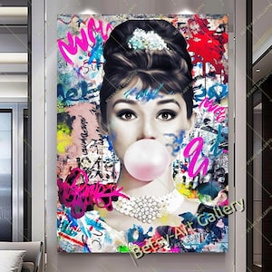 Cold Shadow Colors Audrey Hepburn Bubble Gum Print on Canvas - Marilyn Monroe Hollywood icon, Celebrity Portrait, Contemporary Wall Art