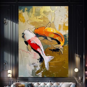 Koi Fish Impasto Oil Painting: Textured Japanese Canvas Art