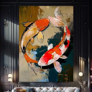 Koi Fish Impasto Oil Painting: Textured Japanese Canvas Art