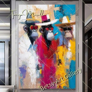 Cool Monkeys in Style – Abstract Canvas Wall Art of Suave Apes in Hats and Sunglasses - Modern Animal Decor - Stretched Print on Canvas