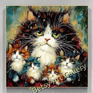 Charming Cat and Kittens Wall Art – Whimsical Feline Family Canvas for Cozy Home Decor, Living Room, Bedroom, Gift