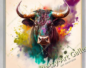 Watercolor Bull Canvas Print: Vibrant Abstract Animal Wall Art