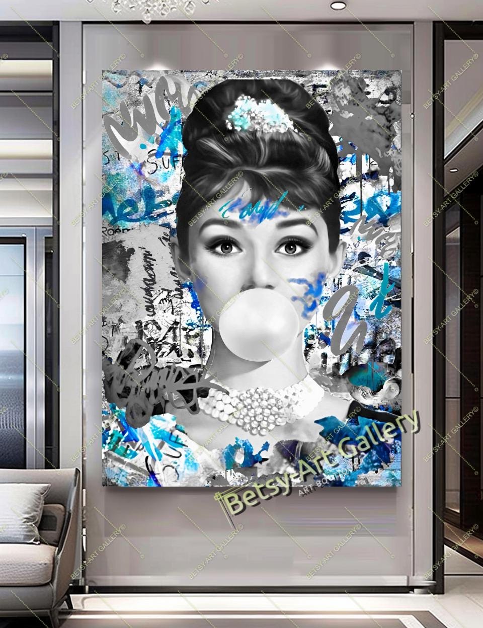 絵画 bubble gum Blue Celebrity Portrait Bubble Gum Canvas Print: Hollywood Icon