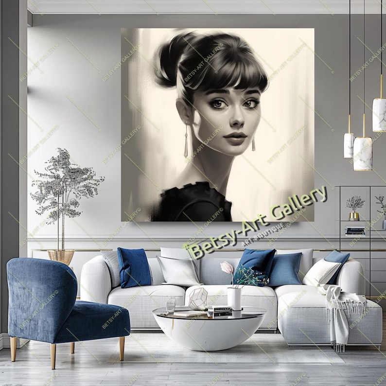 May include: A black and white portrait of a woman with dark hair in a bun and long earrings. The artwork is displayed on a wall in a living room setting. The text "Betsy-Art Gallery" is visible on the artwork.