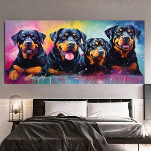 Large Panoramic Rottweiler Family Canvas Print – Colorful Dog Wall Art for Living Room, Hotel, Gift