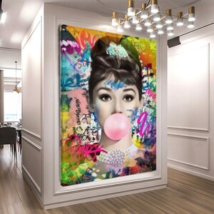 Stretched Print on Canvas, Audrey Hepburn Brigitte Bardot Marilyn Monroe Blowing Bubble Gum, Colorful Street Art Graffiti Modern Wall Art
