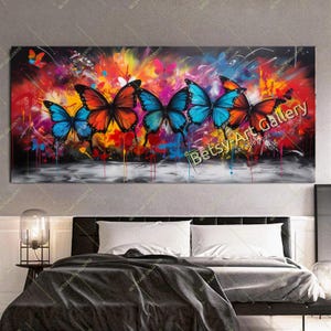 Five Colorful Butterflies – Graffiti Style Modern Canvas Print - Large Panoramic Print on Canvas for Living Room, Hotel, Gift